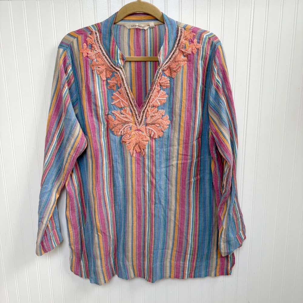Soft Surroundings Multicolor Stripe Beaded Neckline Tunic Blouse Large Petite
